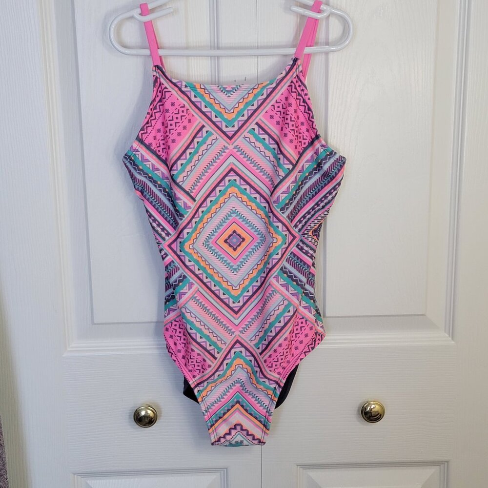 Kids Art Class Girls One Piece Swimsuit L 10/12 Geometric Criss Cross Back